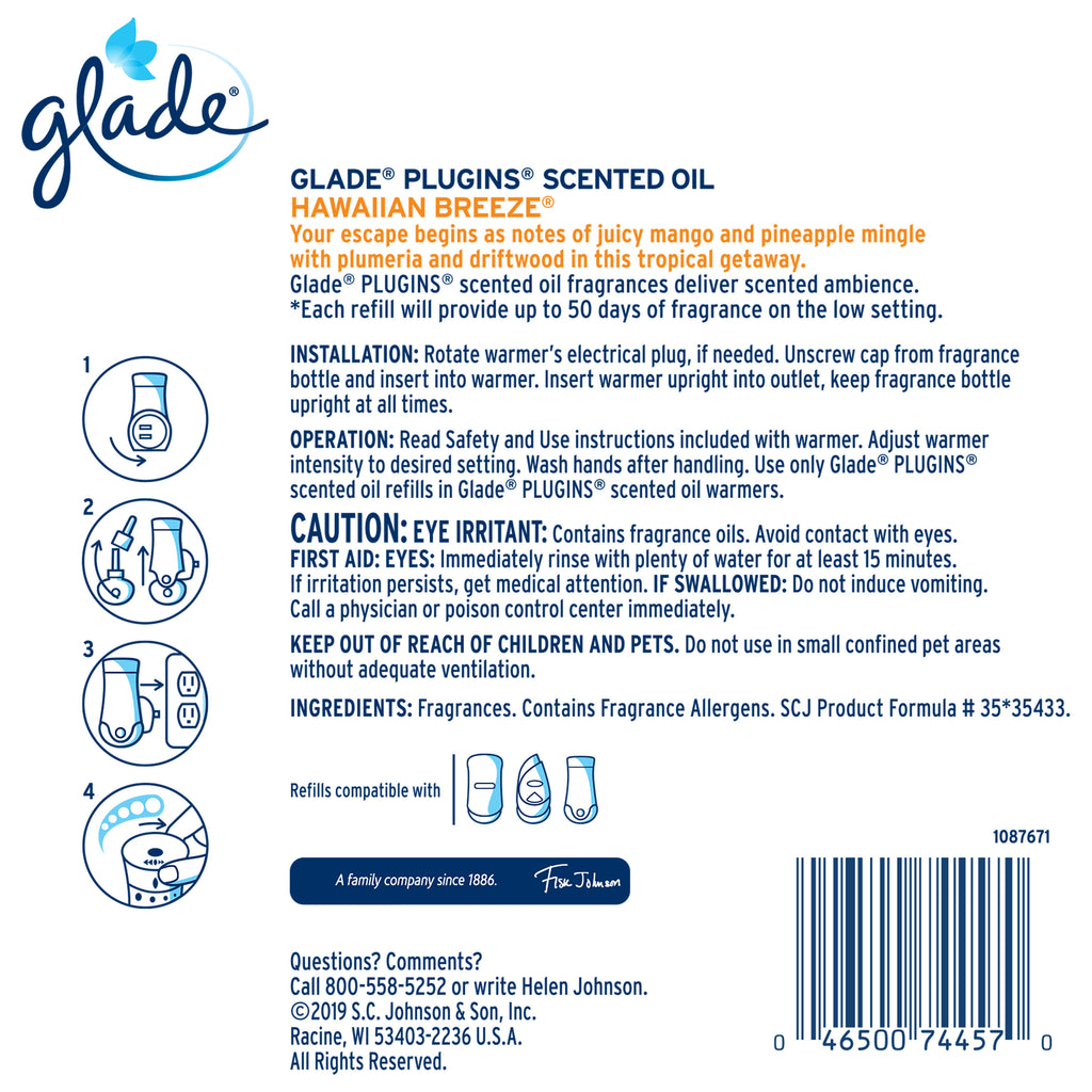 PlugIns Refill 3 CT, Hawaiian Breeze, 2.01 FL. OZ. Total, Scented Oil Air Freshener Infused
