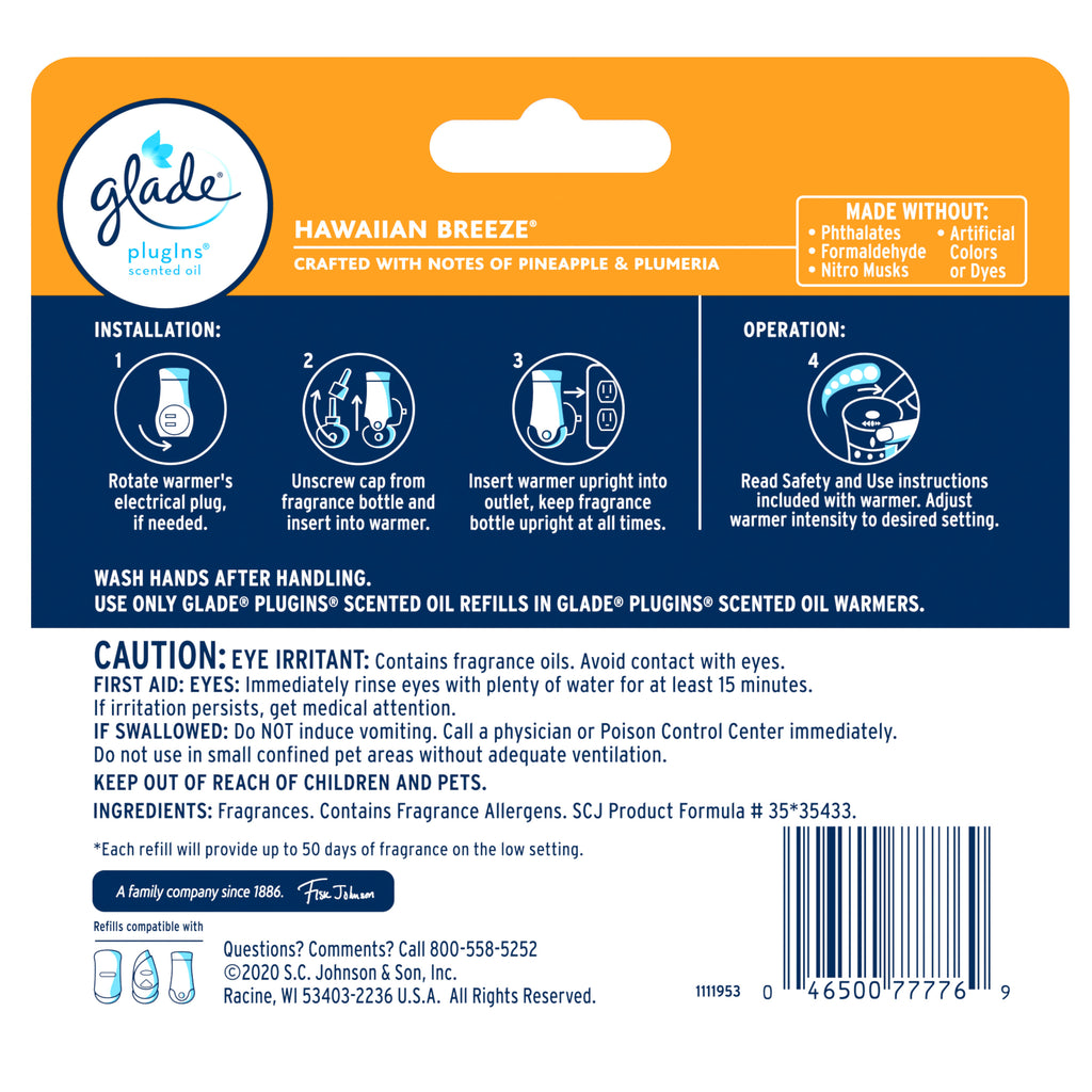 PlugIns Refill 5 CT, Hawaiian Breeze, 3.35 FL. OZ. Total, Scented Oil Air Freshener Infused