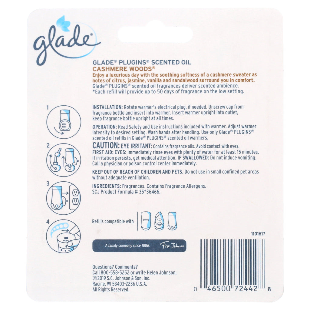 PlugIns Refill 2 CT, Cashmere Woods, 1.34 FL. OZ. Total, Scented Oil Air Freshener Infused