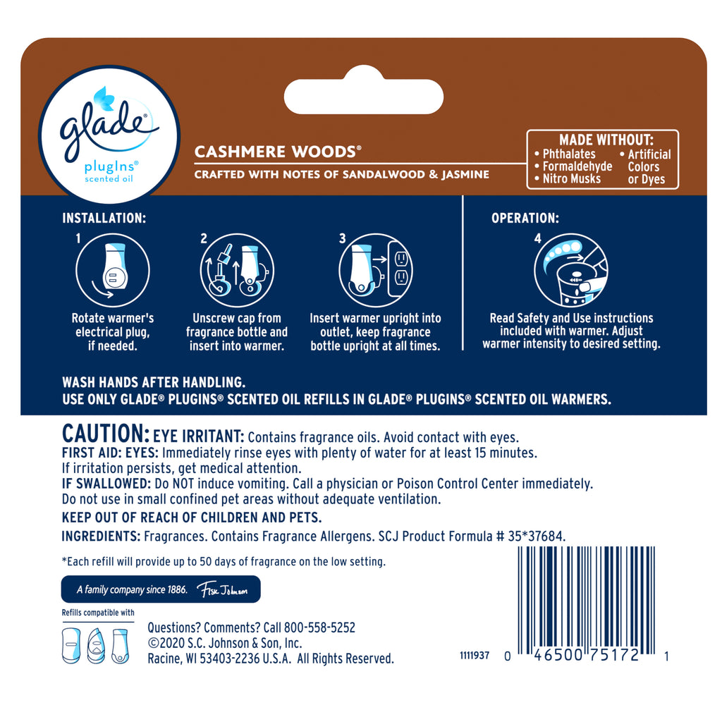 PlugIns Refill 3 CT, Cashmere Woods, 2.01 FL. OZ. Total, Scented Oil Air Freshener Infused