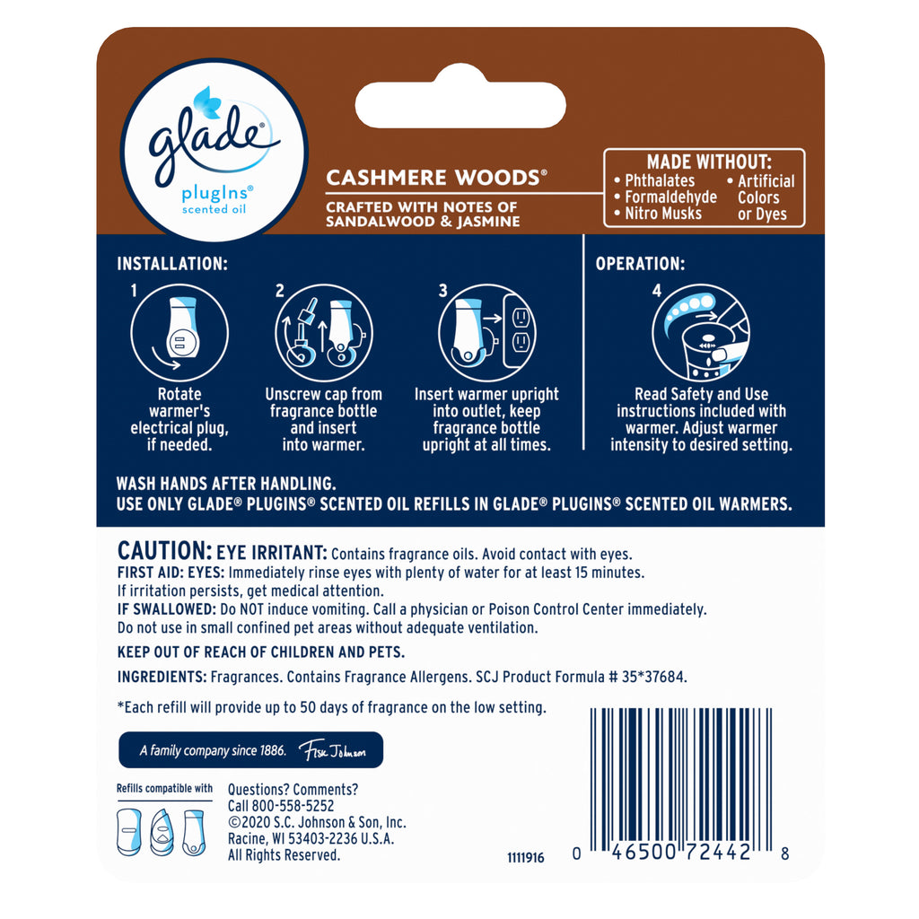 PlugIns Refill 2 CT, Cashmere Woods, 1.34 FL. OZ. Total, Scented Oil Air Freshener Infused